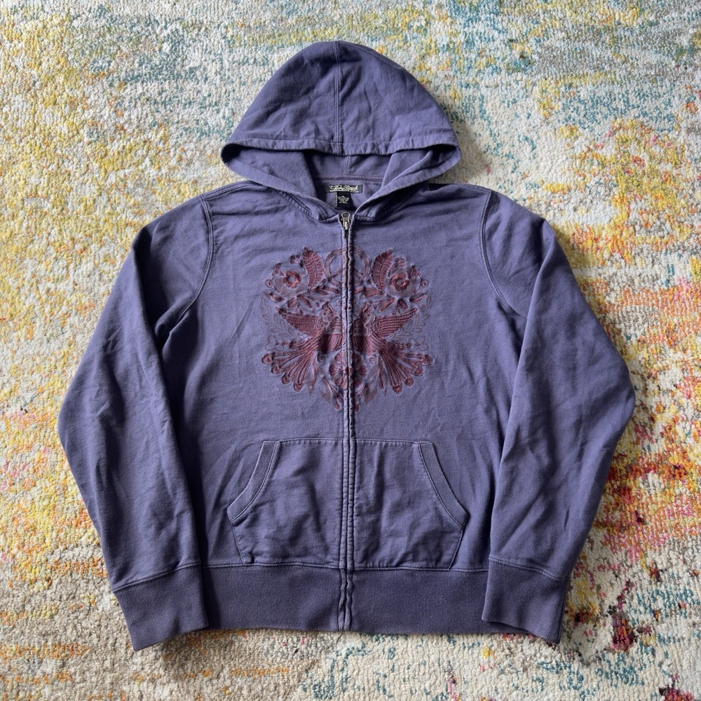 Lucky Brand Hoodie Sweatshirt Peace Birds Purple Y2K Women XL  Zip VTG
